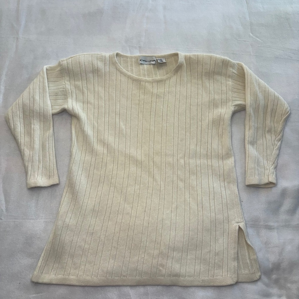 Cristina Cream Ribbed Angora Blend Knit Sweater Womens M Vintage 90s  Minimalist